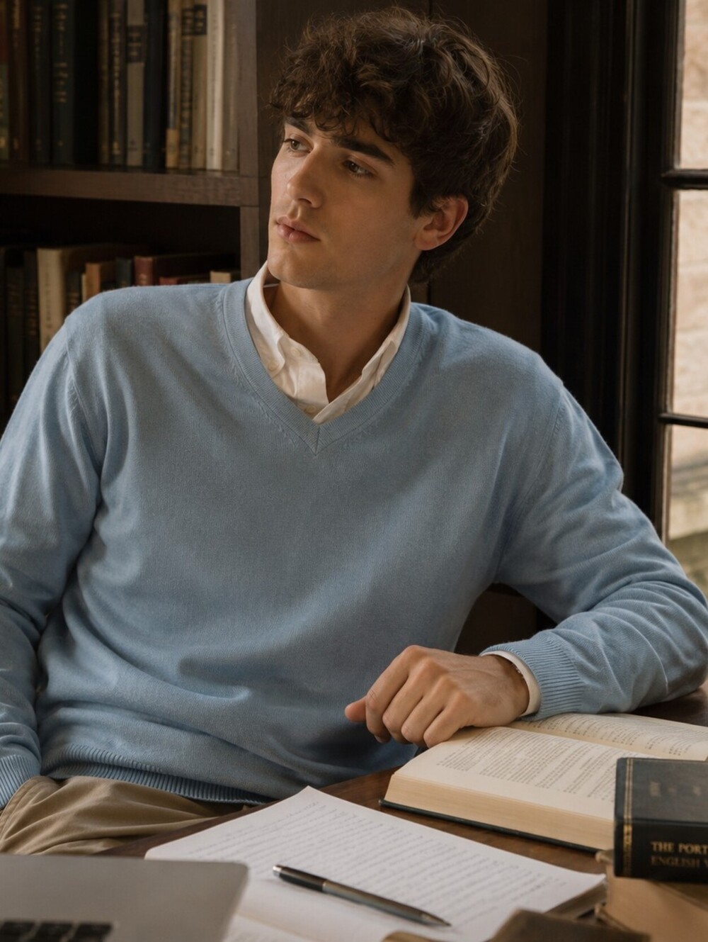 Stafford Signature Large Light Blue Cotton Cashmere Classic V-Neck Sweater